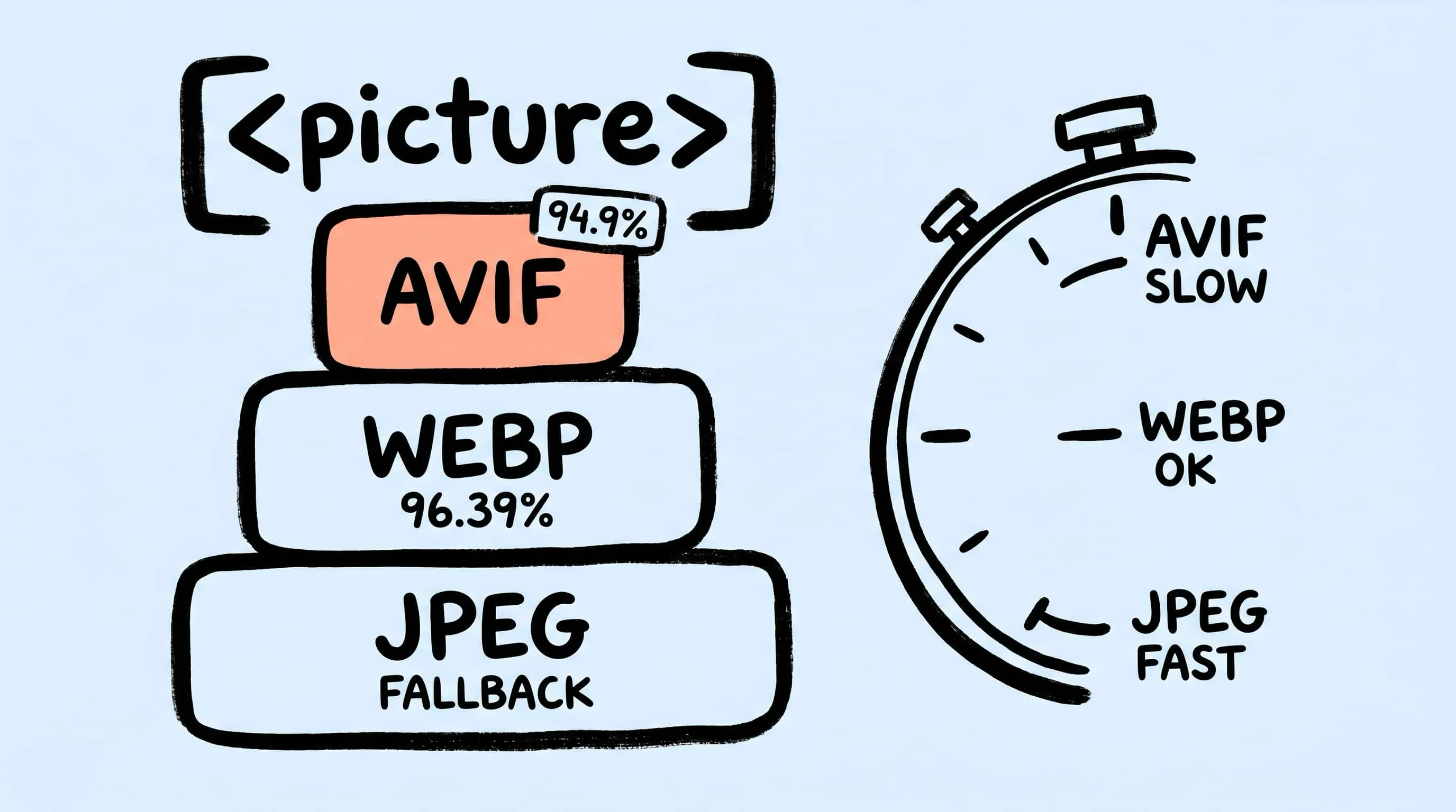 AVIF、WebP、JPEG 三种图片格式对比的手绘封面插图