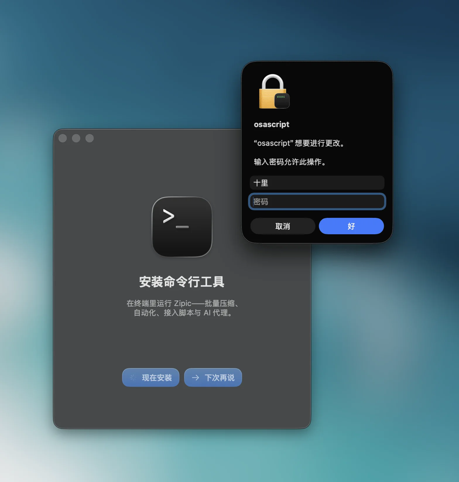 Zipic 首次启动引导中的 Install CLI 步骤，用于安装 zipic 命令行工具