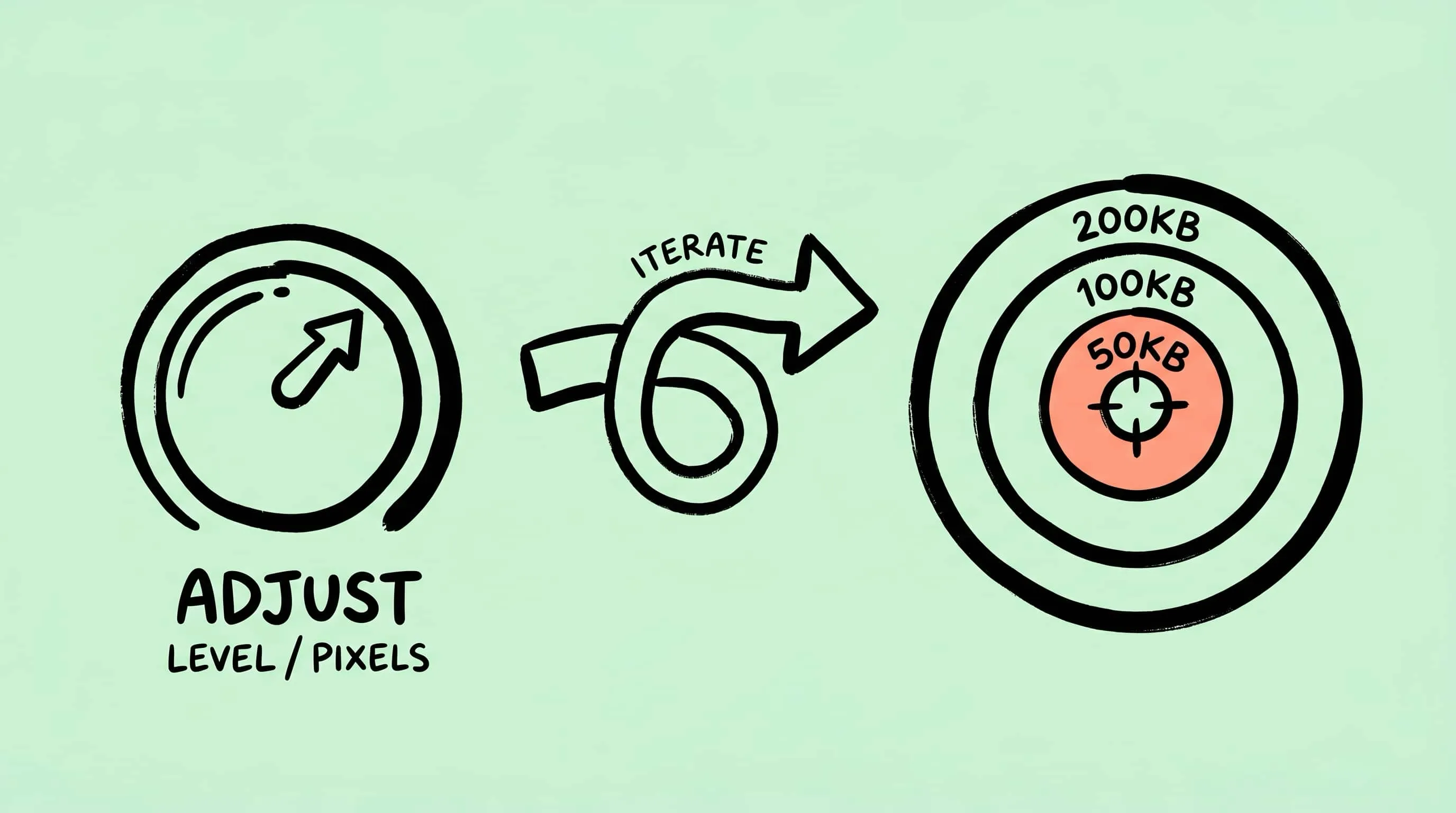 如何把图片压缩到指定大小（50KB、100KB、200KB） 的手绘封面图，展示 50KB、100KB、200KB 主题