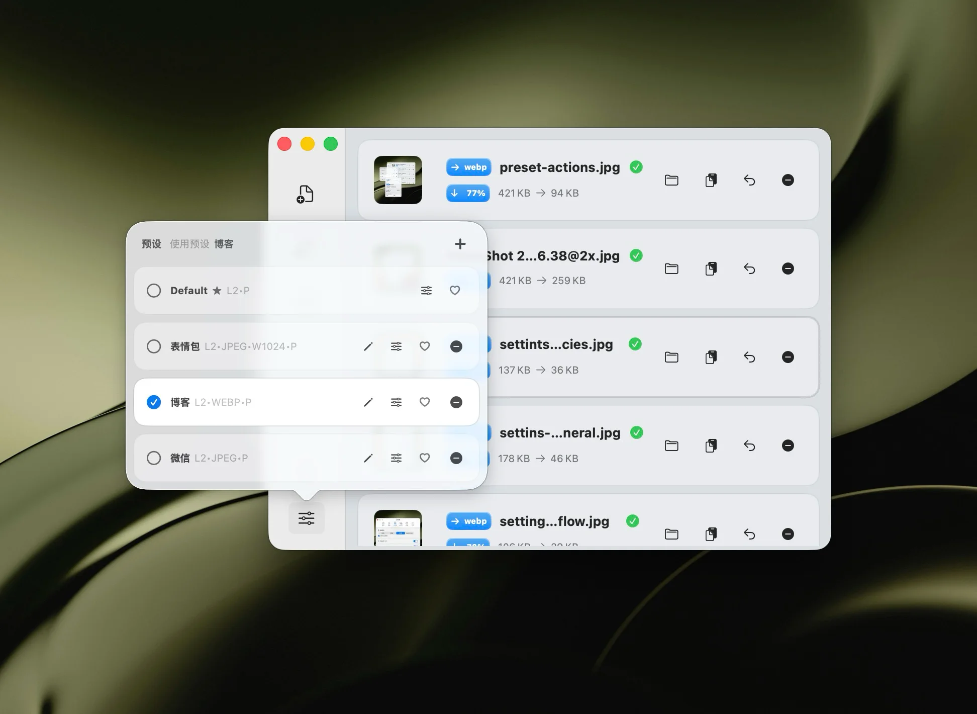 Zipic 压缩预设 — 展示 6 个级别和格式选项
