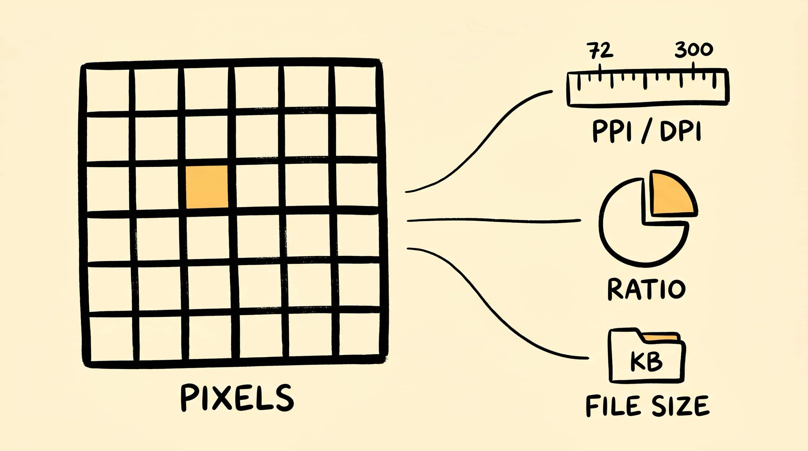 DPI、压缩比率与文件大小详解 的手绘封面图，展示 DPI、Pixels、File Size 主题