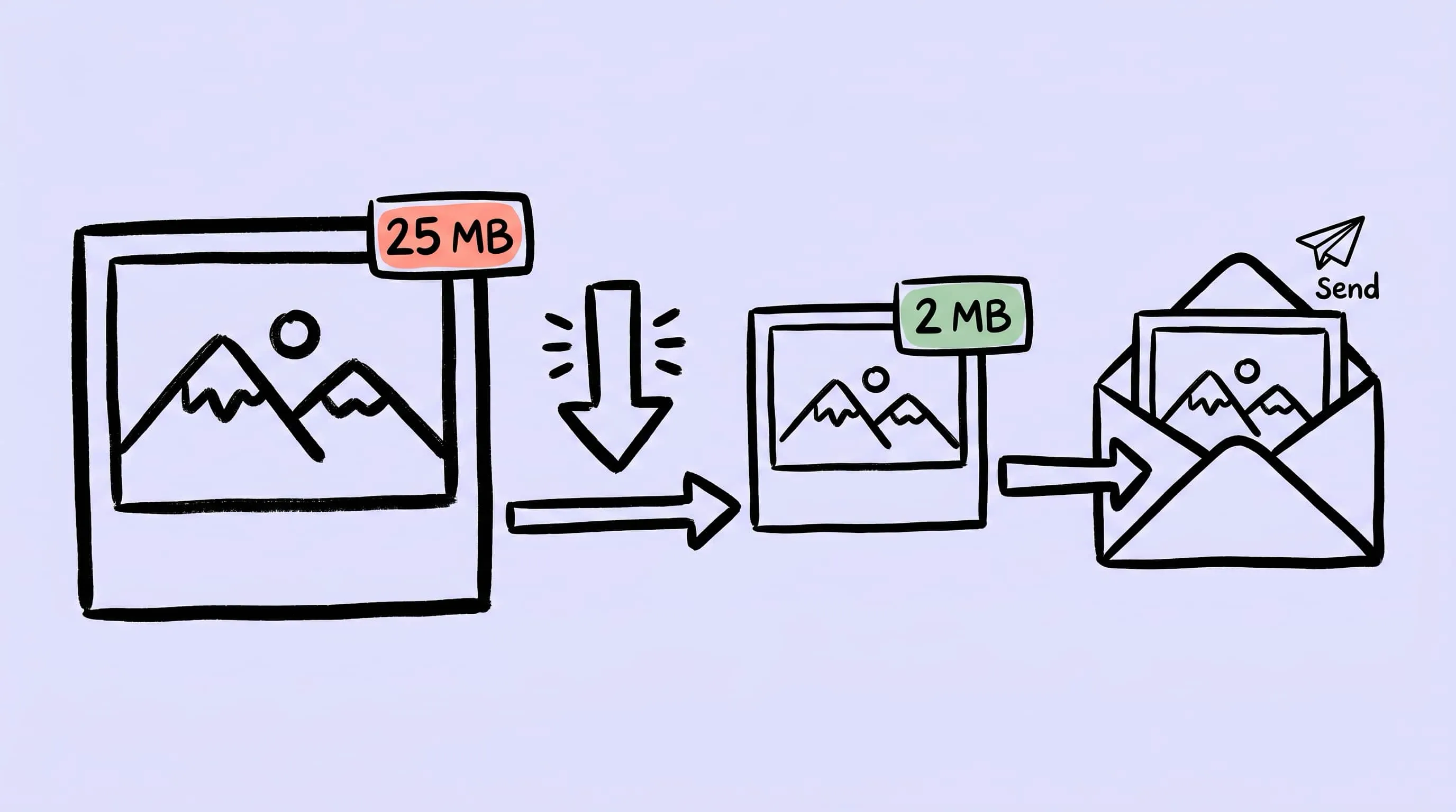 Mac 上邮件图片压缩的手绘风封面图，展示附件大小上限与 Zipic 预设工作流