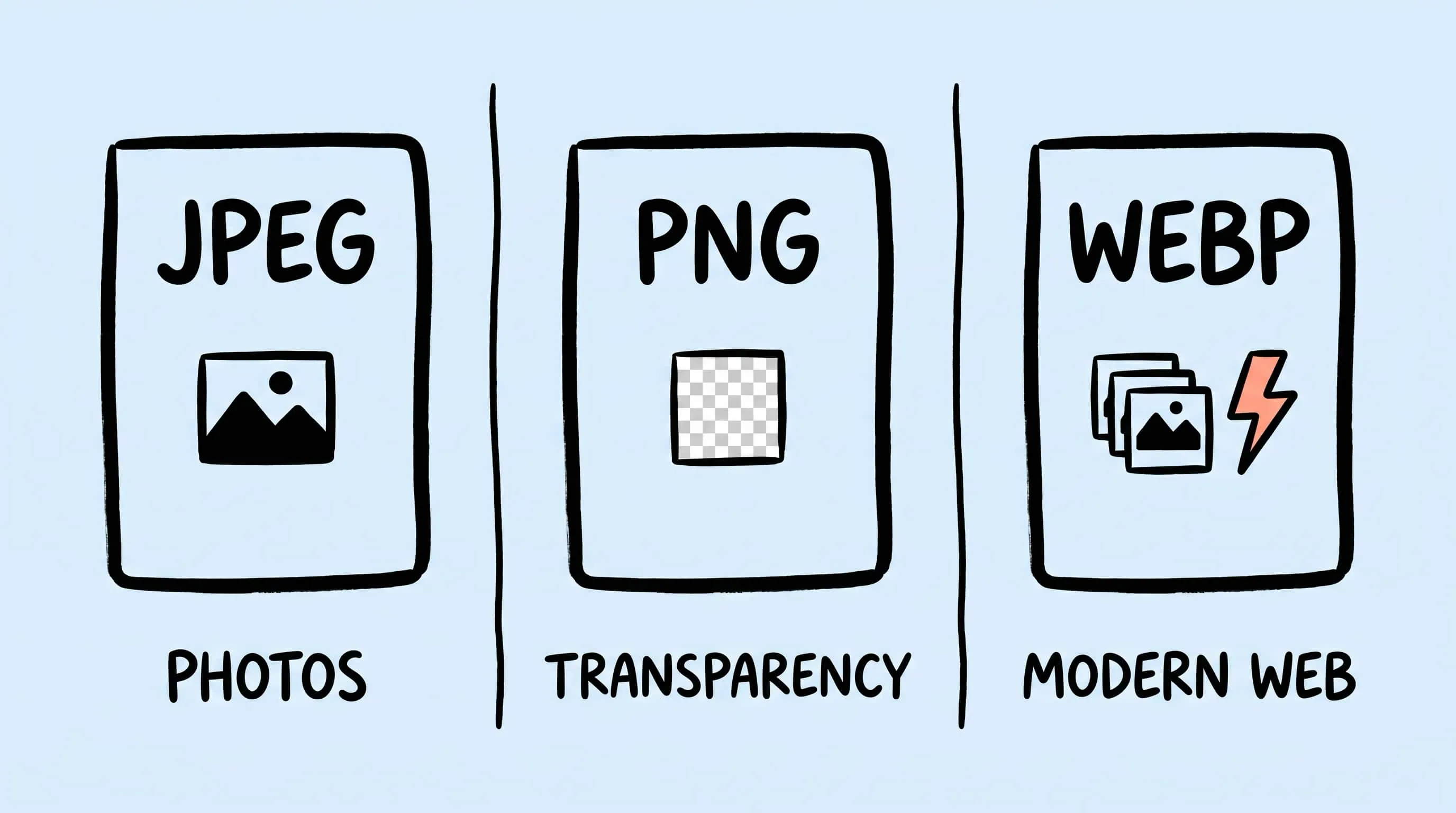 JPEG、PNG、WebP 三种基础图片格式对比的手绘封面