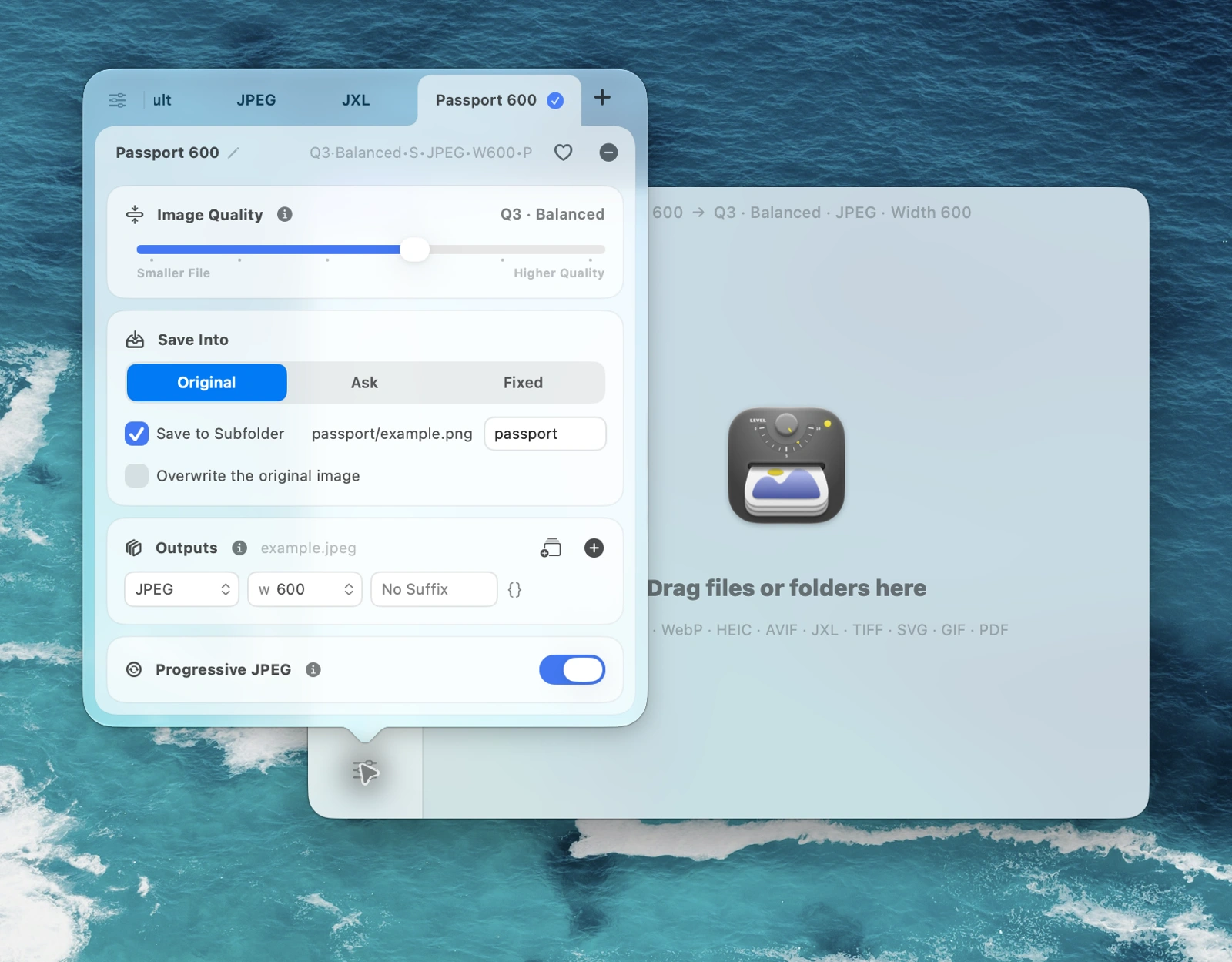 macOS Zipic preset settings showing image quality and JPEG output options