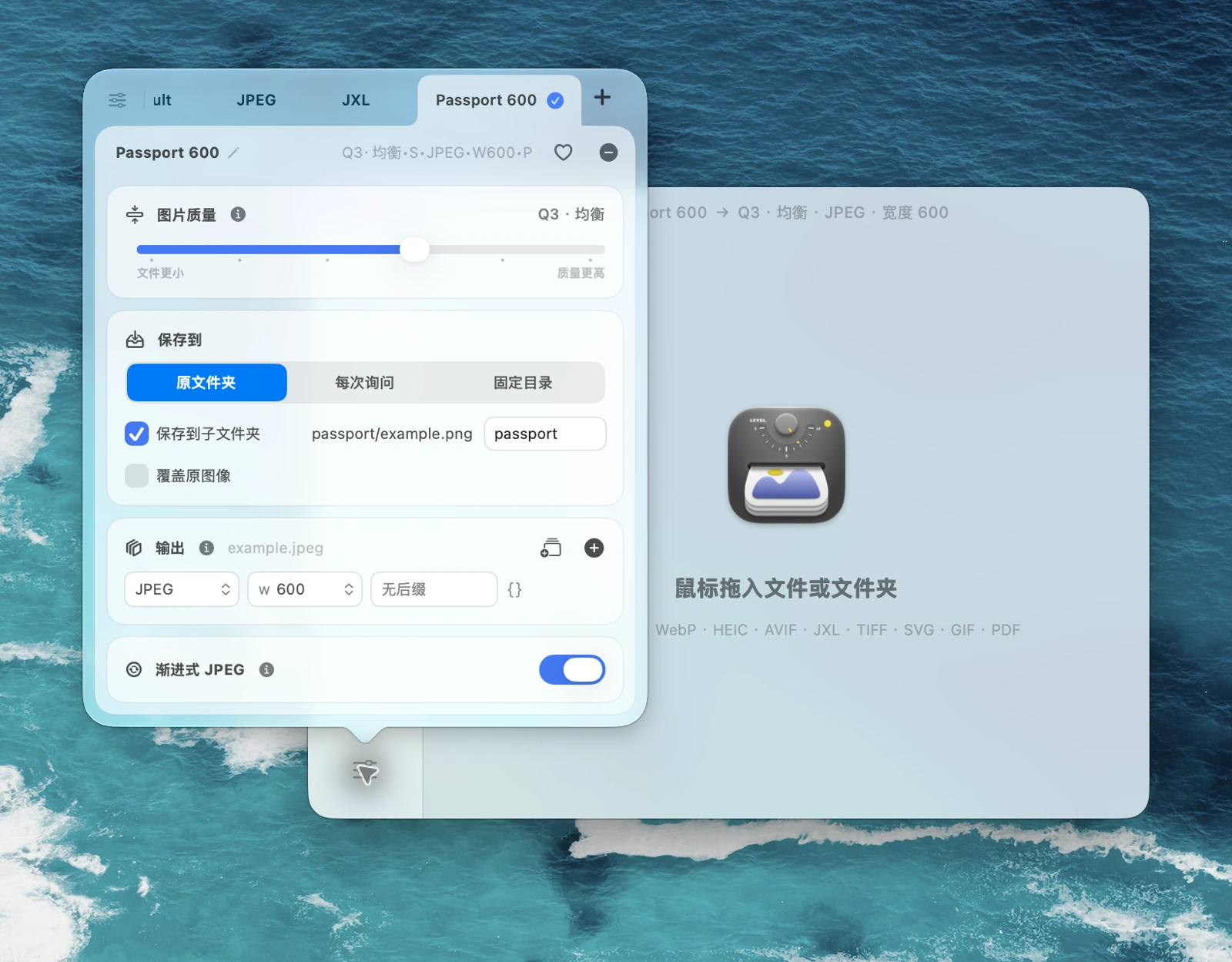 macOS 版 Zipic 的预设设置，显示图片质量和 JPEG 输出选项