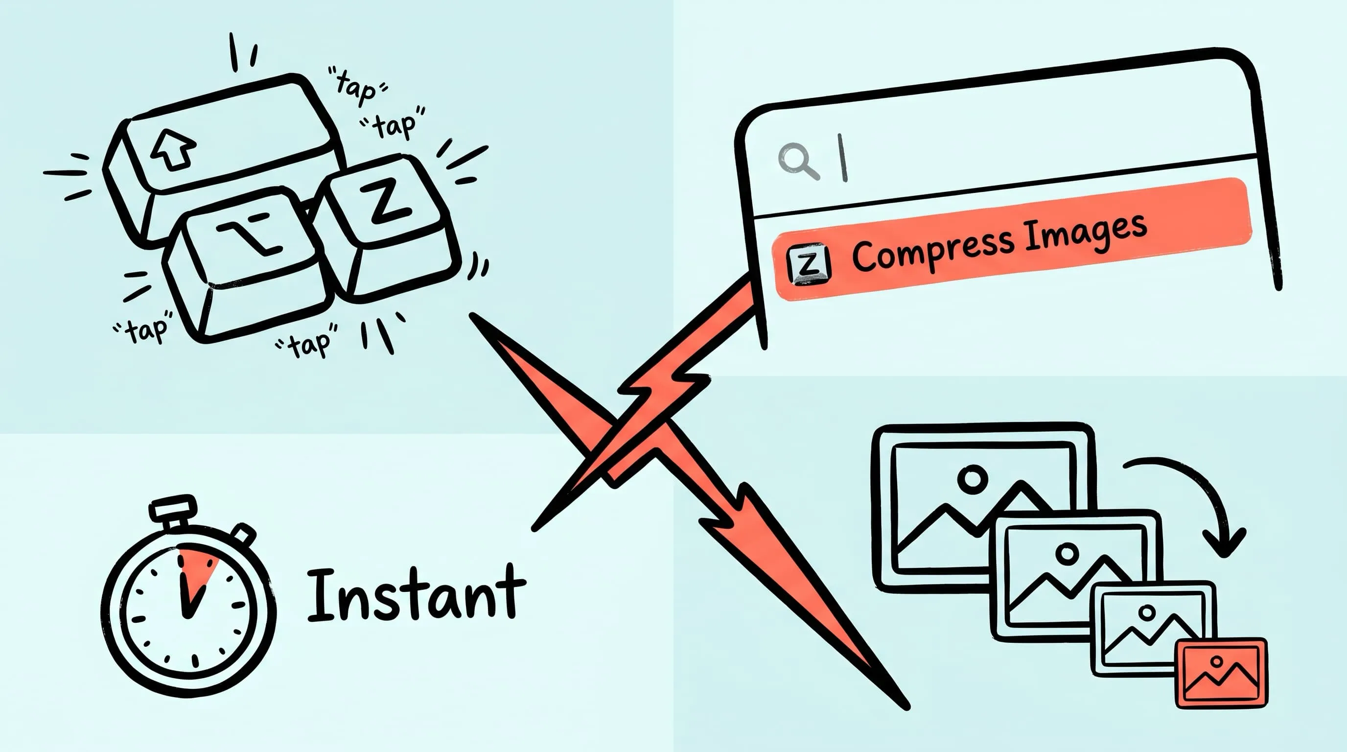 Raycast command palette running the Zipic Compress Images extension on macOS