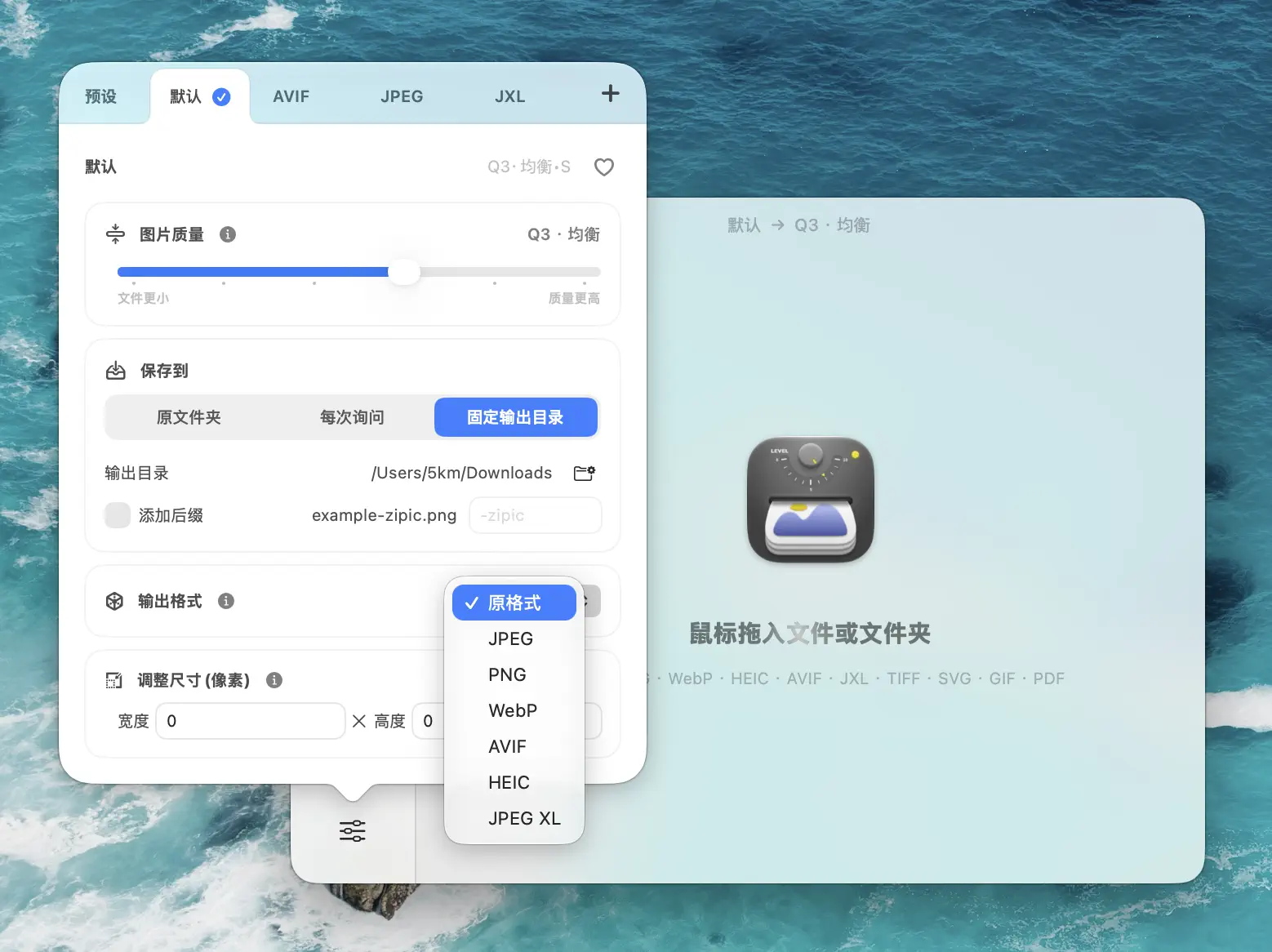 Zipic 格式选项 — WebP、AVIF、JPEG、PNG 适用于不同网页场景