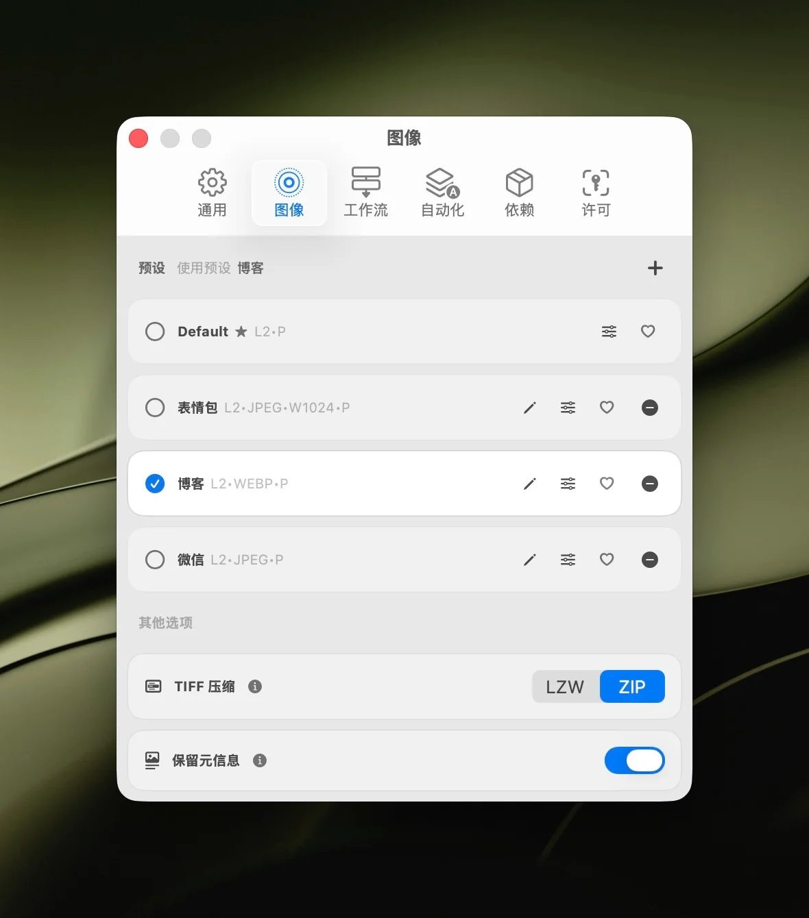 Zipic 图像设置页中的保留元信息开关，用于 Mac 批量删除 EXIF