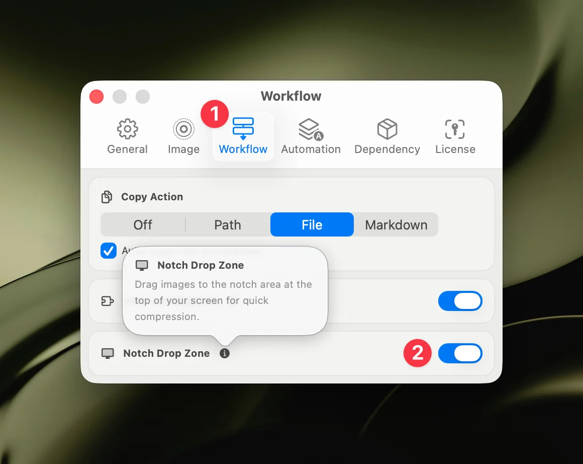 Zipic Notch Drop settings — enable drag-to-notch instant compression