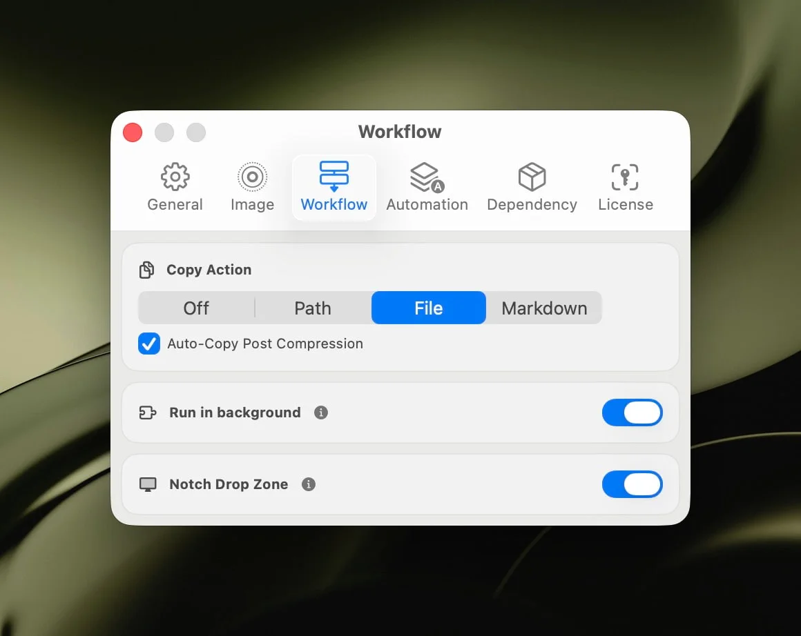 Zipic Workflow settings — silent URL Scheme compression for web developers
