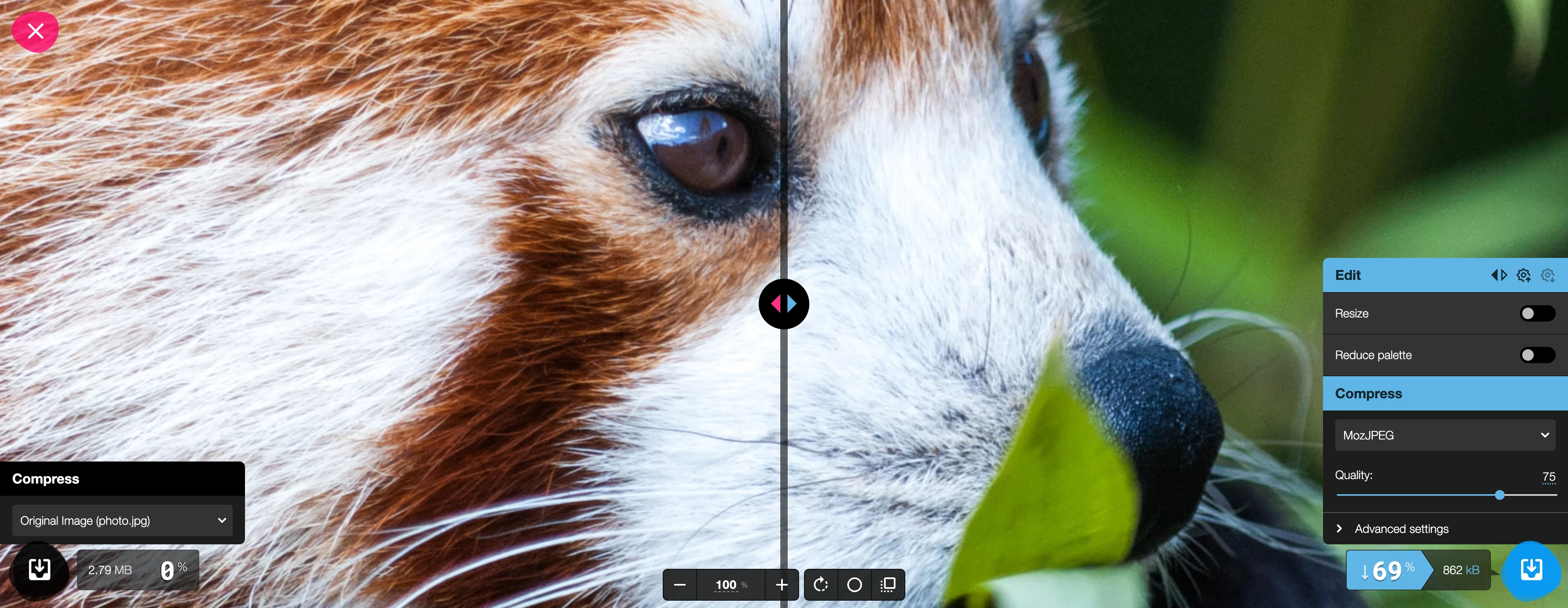 Squoosh 编辑器界面 — MozJPEG 编解码器选择、质量滑块和实时预览