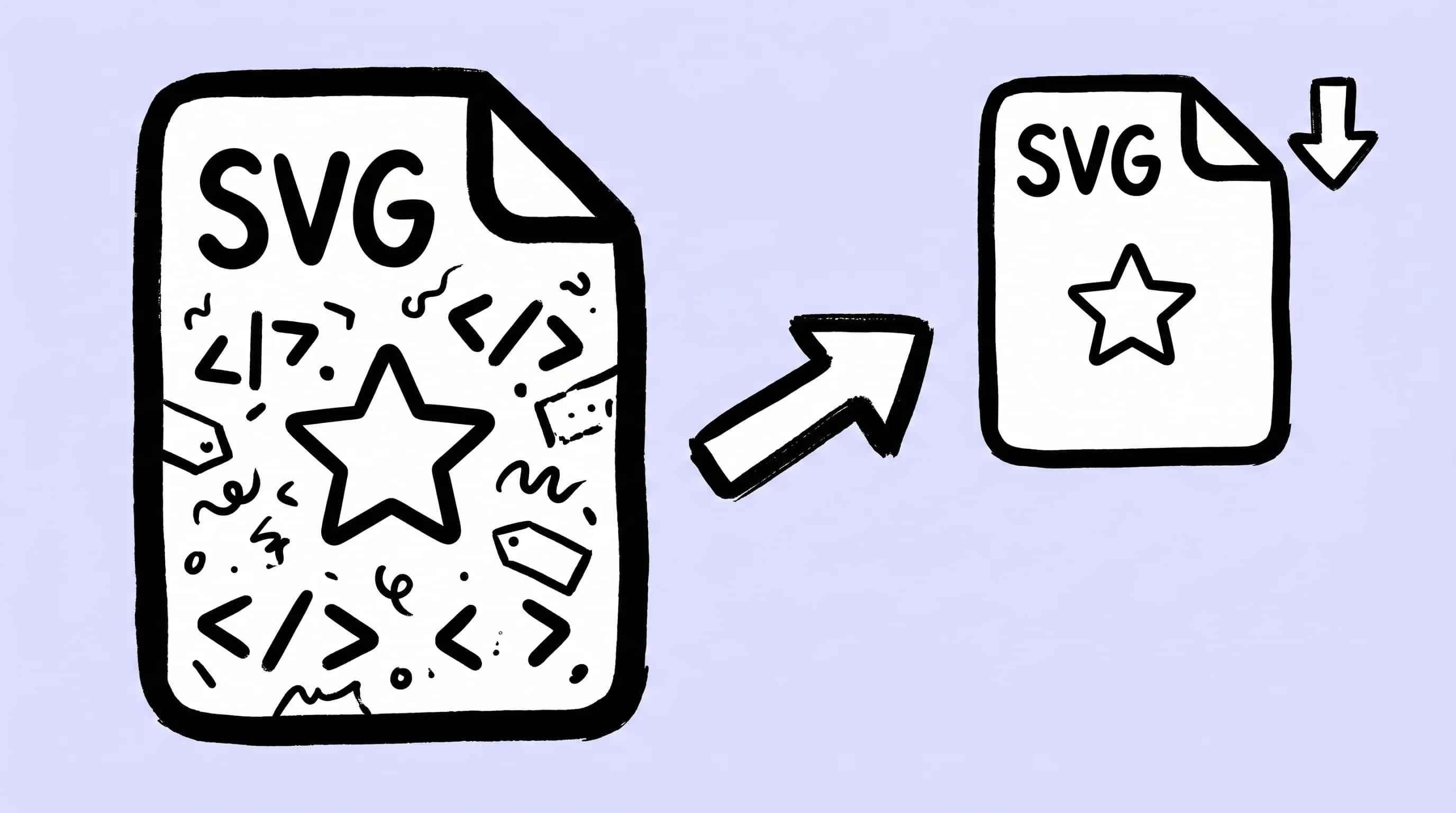 Hand-drawn illustration: a cluttered SVG file full of code fragments shrinks into a smaller, clean SVG file, the star icon unchanged