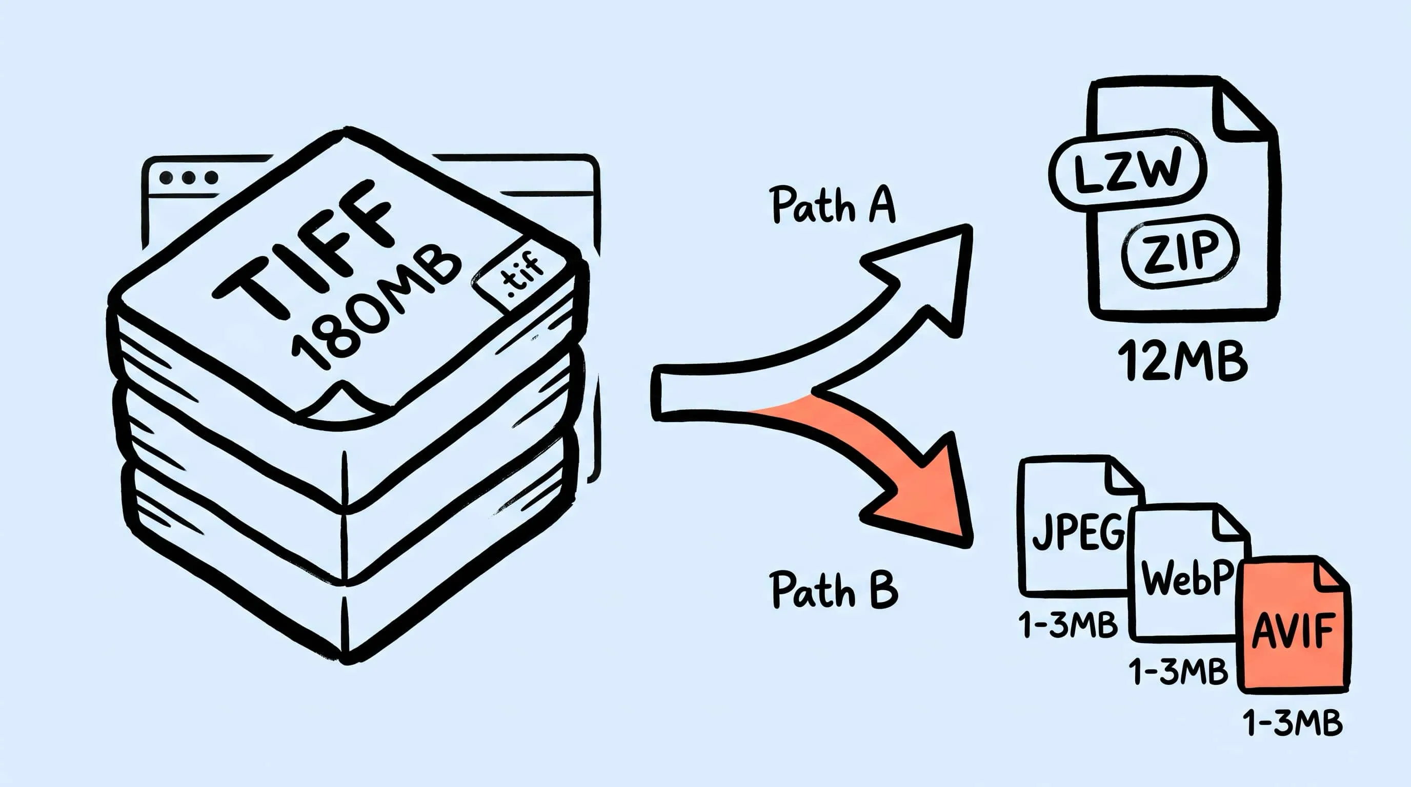 Mac 上的 TIFF 文件正在被压缩，画面显示 LZW 与 ZIP 选项以及 JPEG、WebP 等转出目标