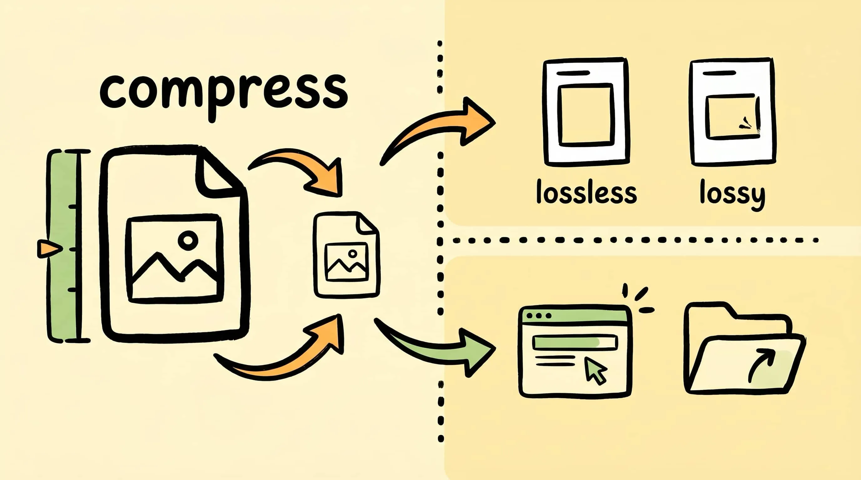 Zipic 在 Mac 上的图片压缩工作流，展示预设、压缩设置和压缩后的文件大小变化