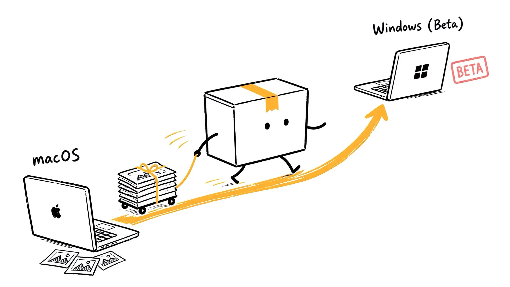 Hand-drawn illustration of the Zipic box character stepping from a MacBook across to a Windows laptop, carrying a stack of compressed images