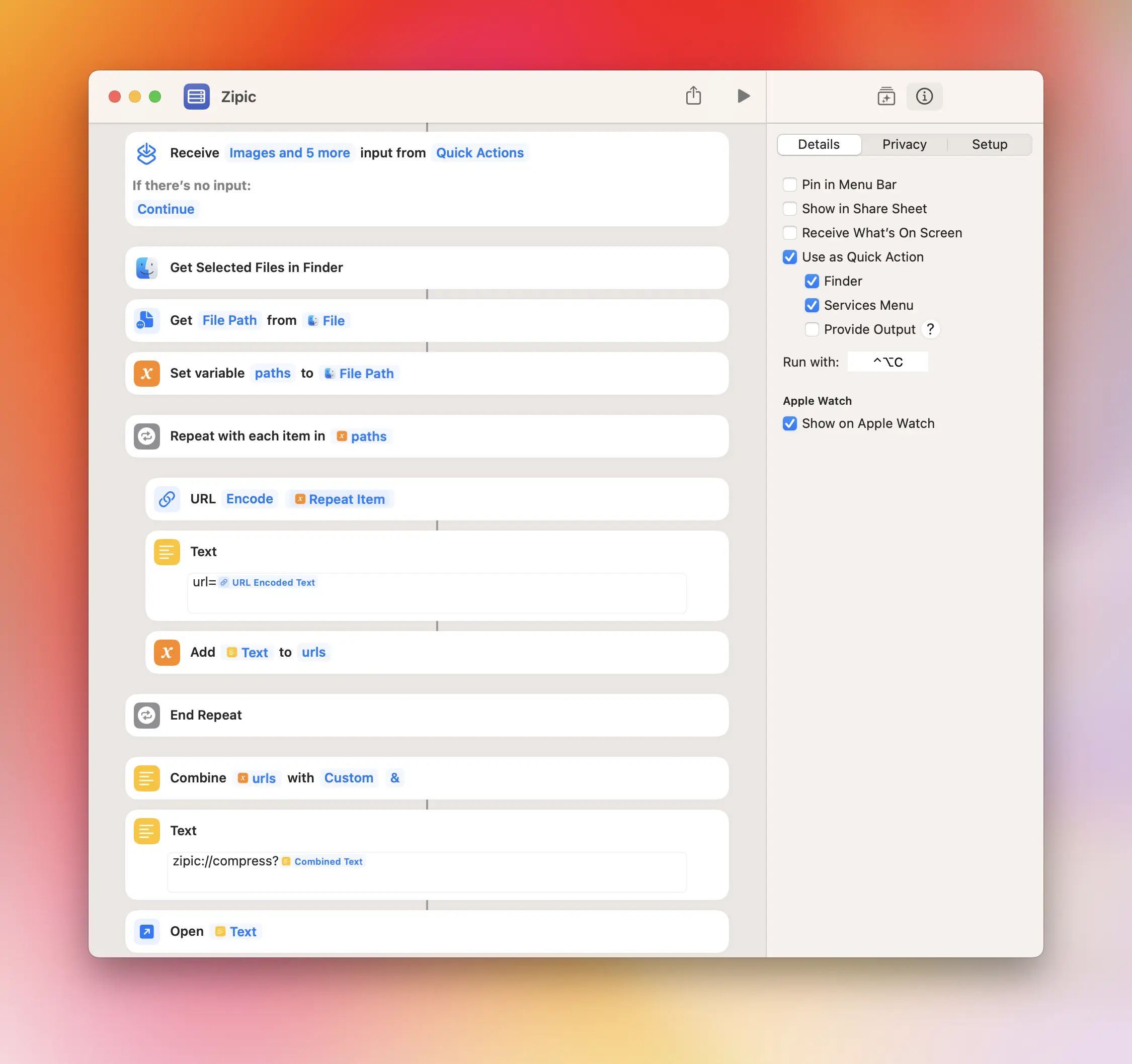 Zipic Shortcut configuration showing URL Scheme automation for compressing selected Finder files